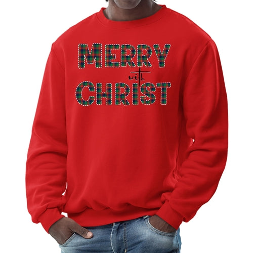 Mens Graphic Sweatshirt - Merry with Christ - Red and Green Plaid