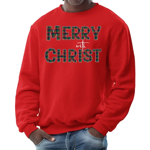 Mens Graphic Sweatshirt - Merry with Christ - Red and Green Plaid