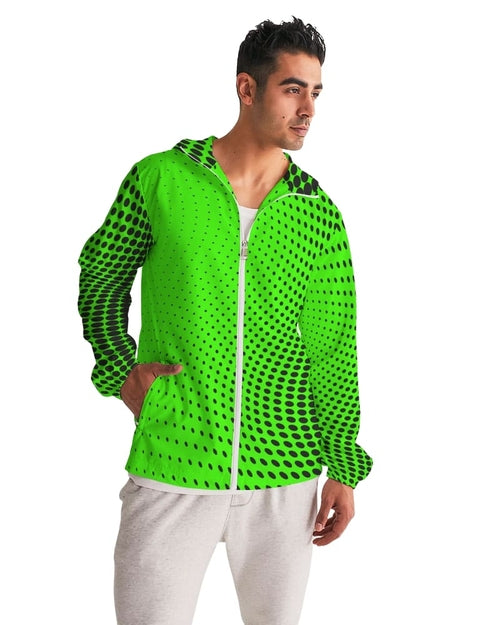 Mens Hooded Windbreaker - Neon Green Polka Dot Water Resistant Jacket