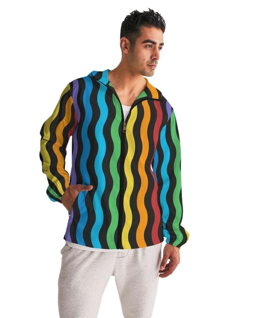 Mens Hooded Windbreaker - Rainbow Striped Water Resistant Jacket -