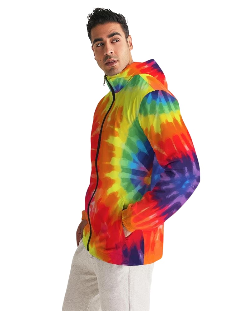 Mens Hooded Windbreaker - Rainbow Tie-dye Water Resistant Jacket -