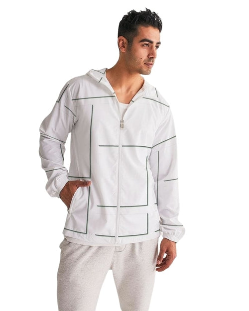 Mens Hooded Windbreaker - White Grid Pattern Water Resistant Jacket