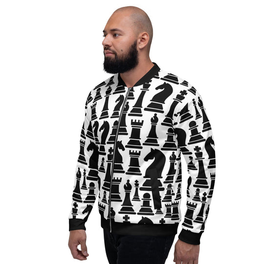 Mens Jacket - Black and White Chess Style Bomber Jacket