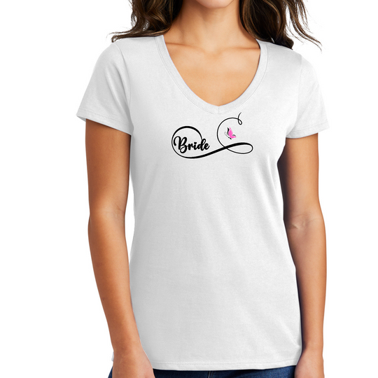 Womens V-neck Graphic T-shirt - Bride - Wedding Bridal Butterfly