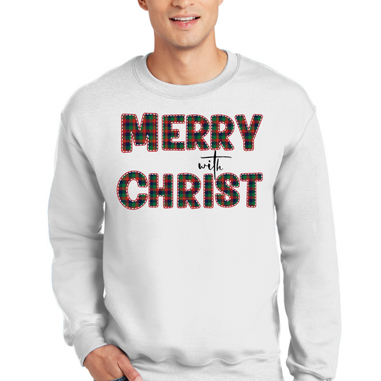 Mens Graphic Sweatshirt - Merry with Christ - Red and Green Plaid