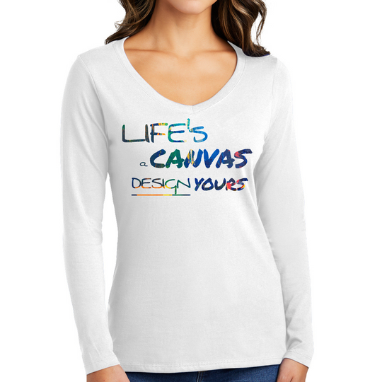 Womens Long Sleeve V-neck Graphic T-shirt - Life's a Canvas Design
