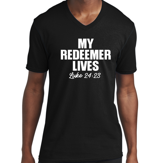 Mens Graphic V-neck T-shirt - my Redeemer Lives Print