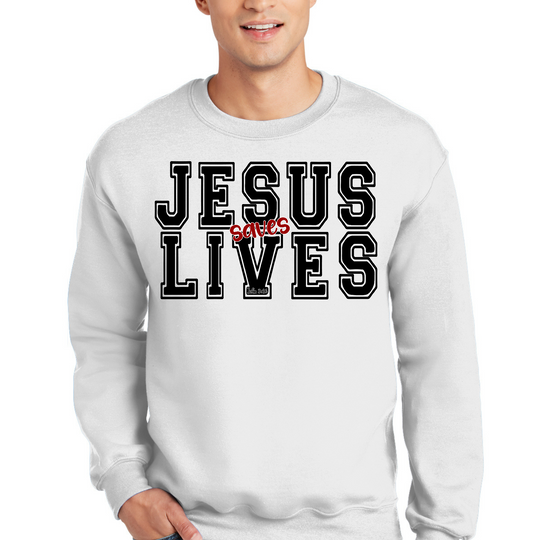 Mens Graphic Sweatshirt - Jesus Saves Lives Black Red Illustration