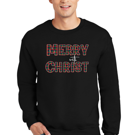 Mens Graphic Sweatshirt - Merry with Christ - Red and Green Plaid