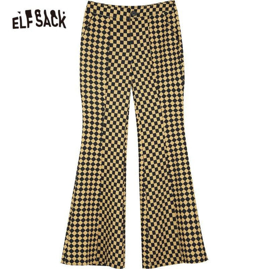 Yellow Plaid High Waist Casual Women Flare Pants Spring ELF British