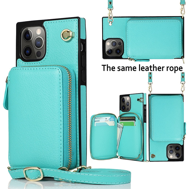 Zipper Wallet Case with Strap for iPhone