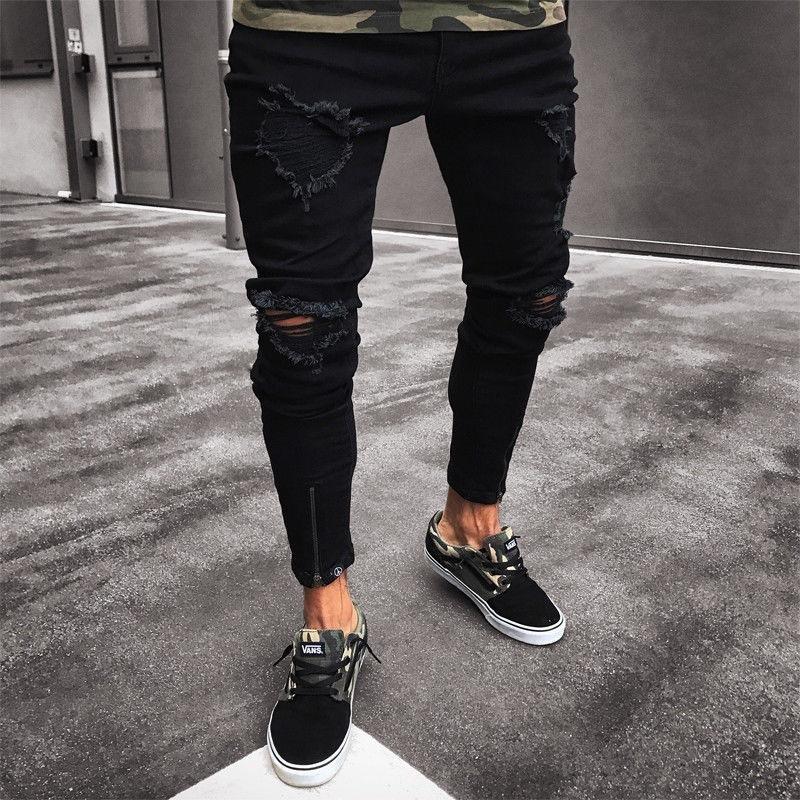 Black Pants for Men Hip Hop Rock Holes Ripped Jeans Biker Slim Fit