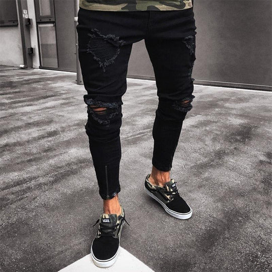 Black Pants for Men Hip Hop Rock Holes Ripped Jeans Biker Slim Fit