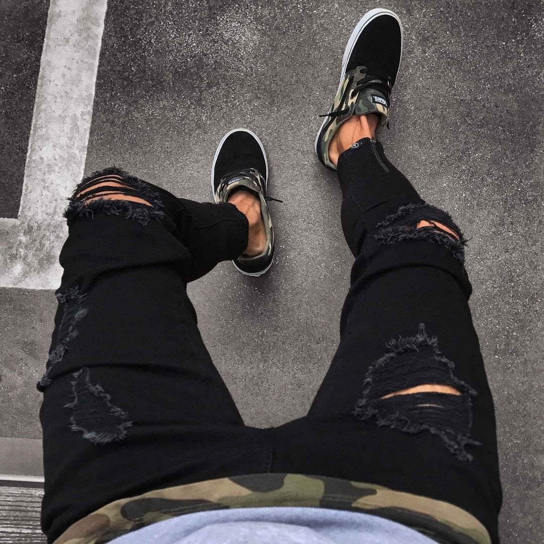 Black Pants for Men Hip Hop Rock Holes Ripped Jeans Biker Slim Fit
