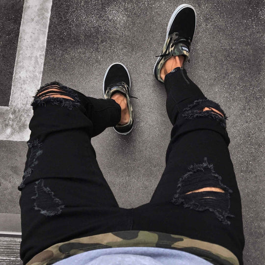 Black Pants for Men Hip Hop Rock Holes Ripped Jeans Biker Slim Fit