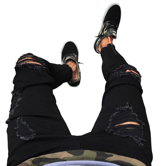 Black Pants for Men Hip Hop Rock Holes Ripped Jeans Biker Slim Fit