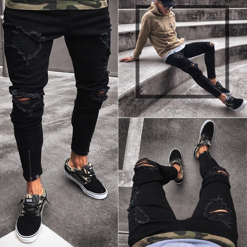 Black Pants for Men Hip Hop Rock Holes Ripped Jeans Biker Slim Fit