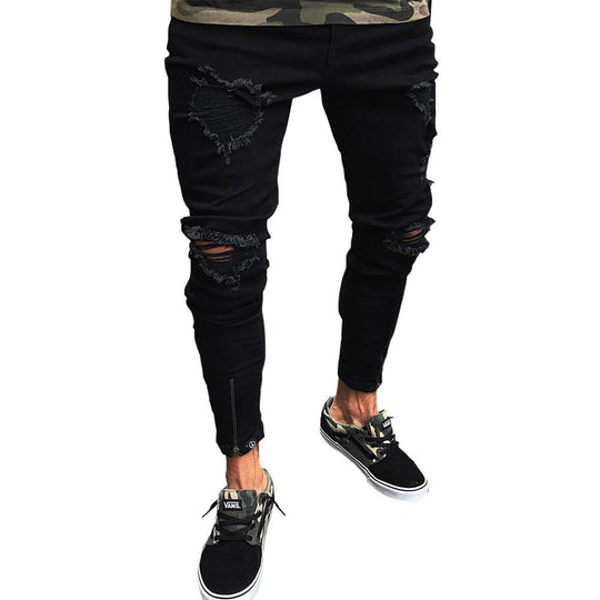 Black Pants for Men Hip Hop Rock Holes Ripped Jeans Biker Slim Fit