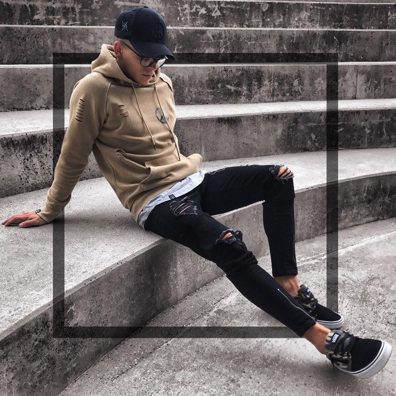 Black Pants for Men Hip Hop Rock Holes Ripped Jeans Biker Slim Fit