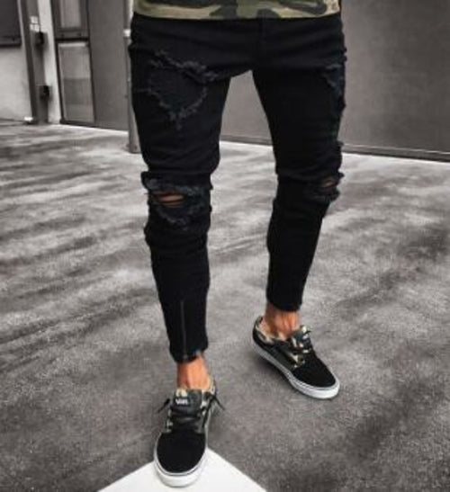 Black Pants for Men Hip Hop Rock Holes Ripped Jeans Biker Slim Fit