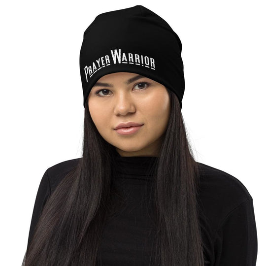 Beanie Hat - Black Slouchy Beanie Prayer Warrior Print Men/women