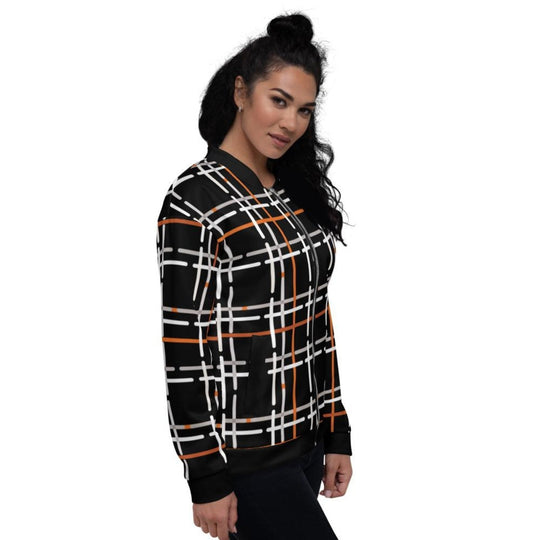 Womens Jacket - Black and Orange Tartan Style Bomber Jacket