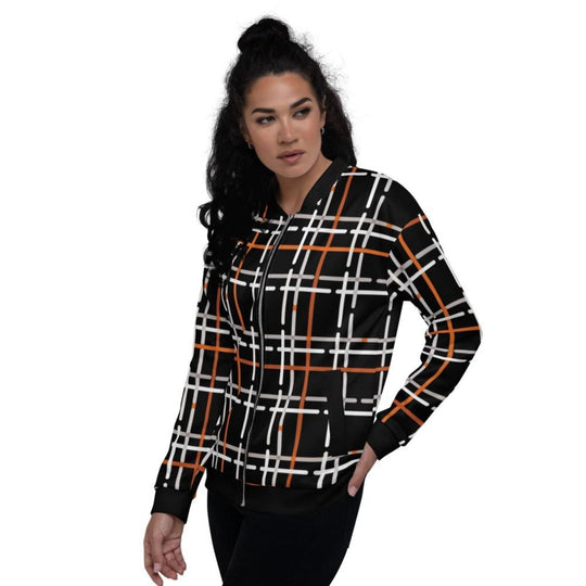 Womens Jacket - Black and Orange Tartan Style Bomber Jacket