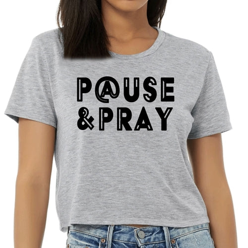 Womens Cropped Graphic T-shirt - Pause and Pray Black Illustration