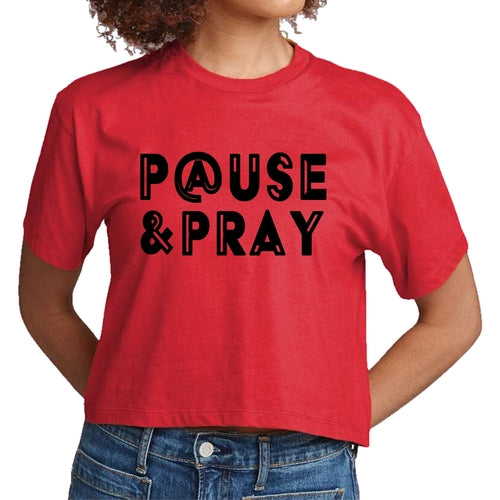 Womens Cropped Graphic T-shirt - Pause and Pray Black Illustration