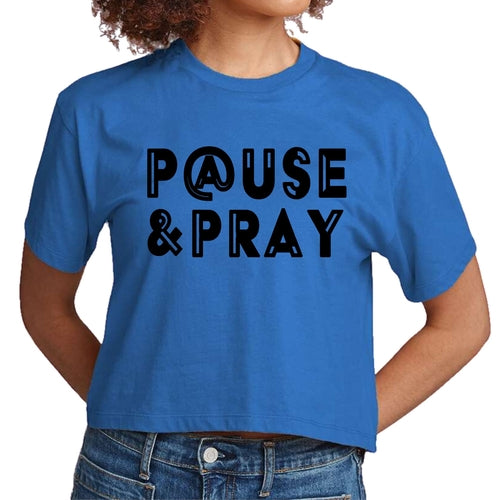 Womens Cropped Graphic T-shirt - Pause and Pray Black Illustration