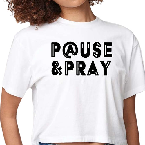 Womens Cropped Graphic T-shirt - Pause and Pray Black Illustration
