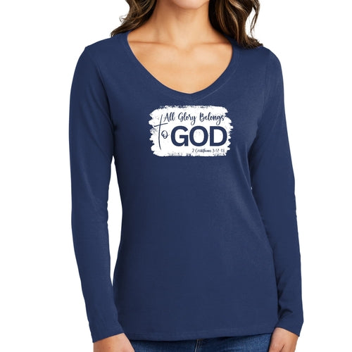 Womens Long Sleeve V-neck Graphic T-shirt - All Glory Belongs to God