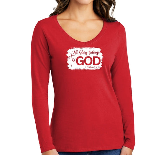 Womens Long Sleeve V-neck Graphic T-shirt - All Glory Belongs to God