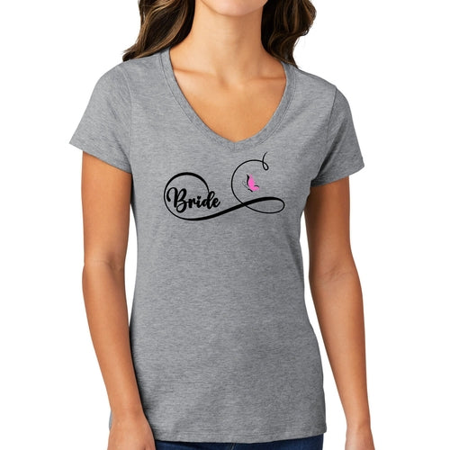 Womens V-neck Graphic T-shirt - Bride - Wedding Bridal Butterfly