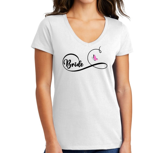 Womens V-neck Graphic T-shirt - Bride - Wedding Bridal Butterfly
