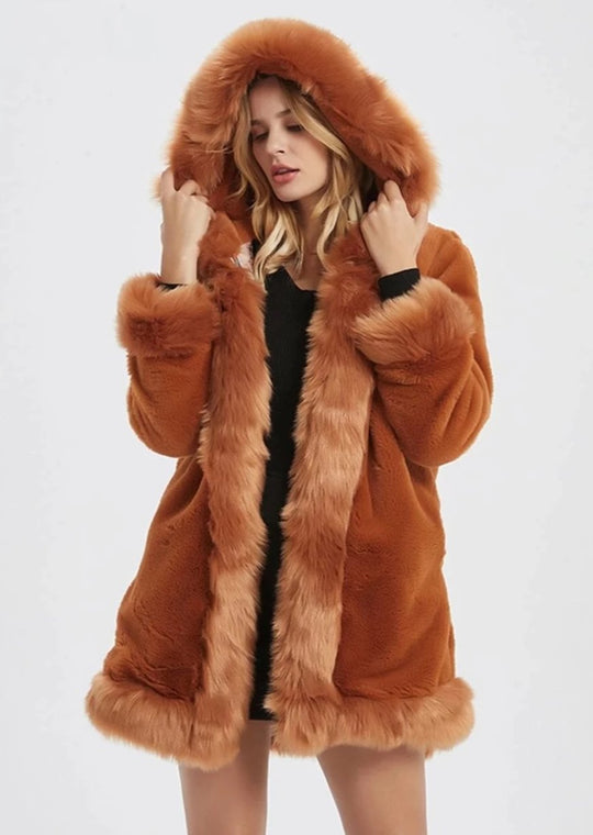 Womens Hooded Faux Fur Collar Coat.